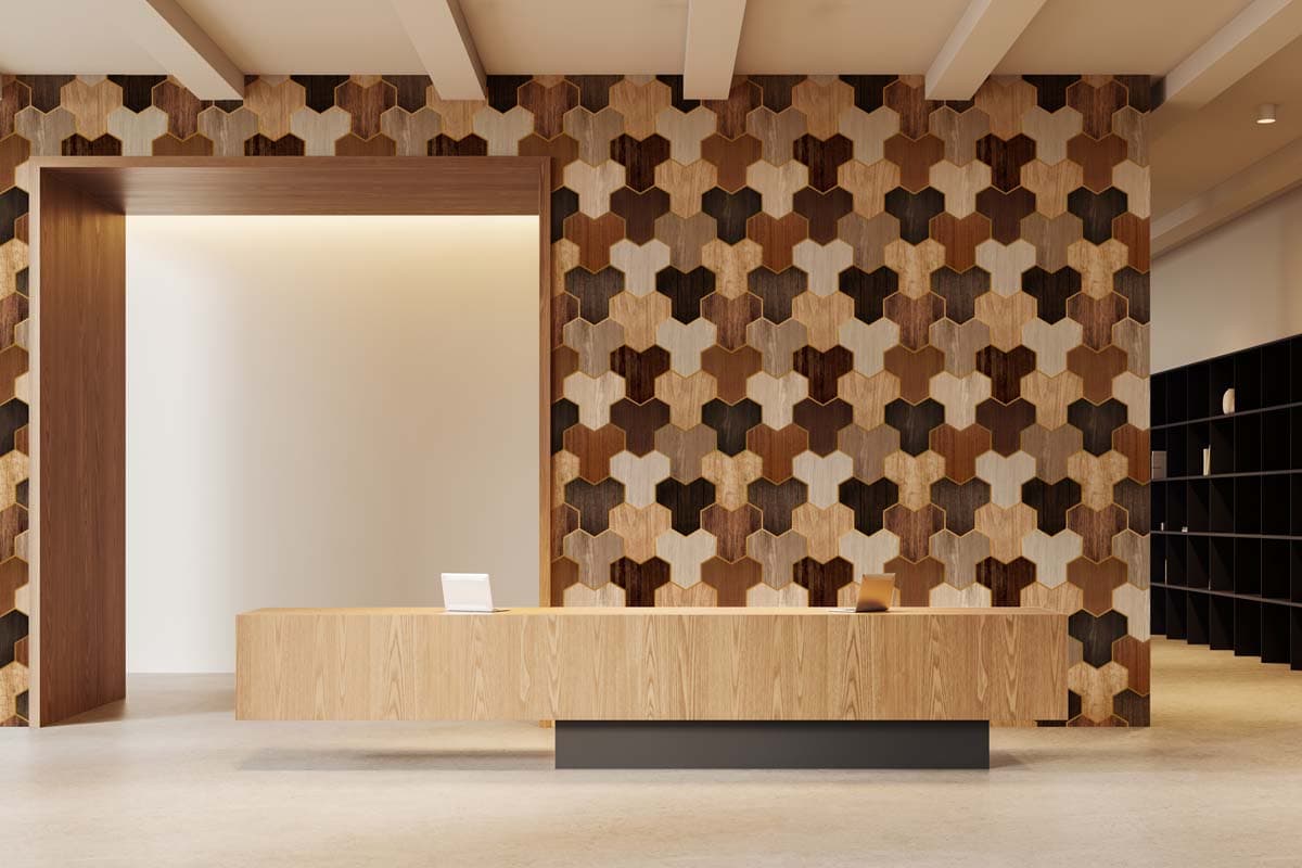 Timbera, Wooden Geometric Wallpaper shown in a room