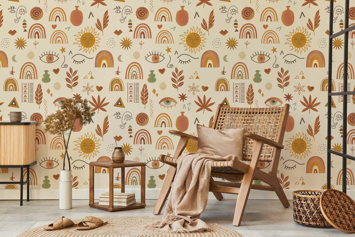 Terrara, Warm Boho Symbols Wallpaper shown in a room