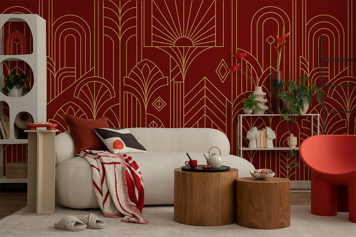 Decora, Red Gold Art Deco Vintage Glamour Mural shown in a room