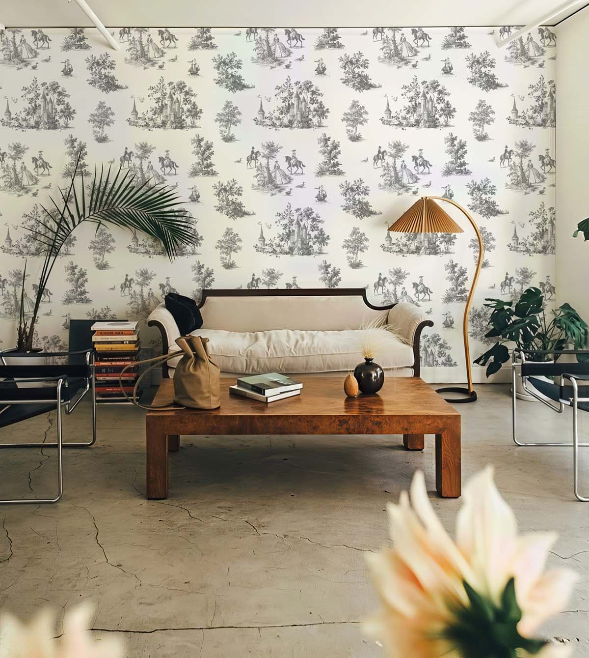 Toile, Charcoal Grey French Pastoral Wallpaper shown in a room