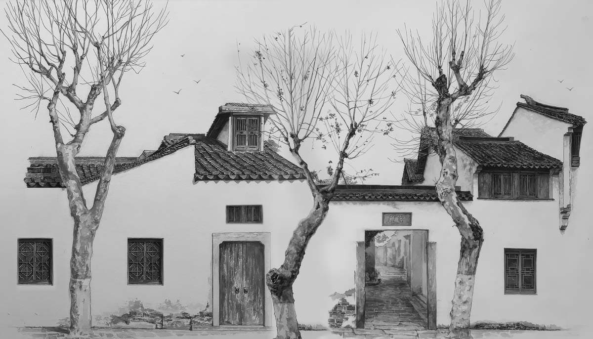 Calligraphy, Ash Grey Courtyard Scene Mural pattern detail