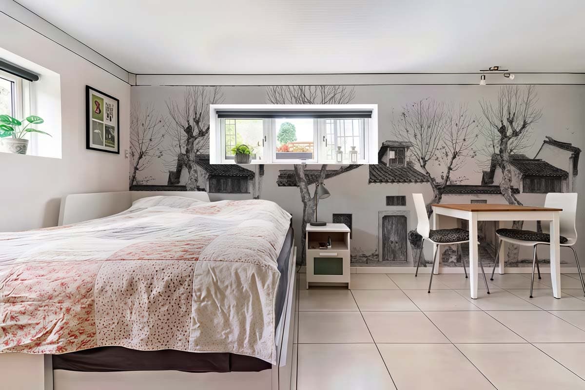 Calligraphy, Ash Grey Courtyard Scene Mural shown in a room