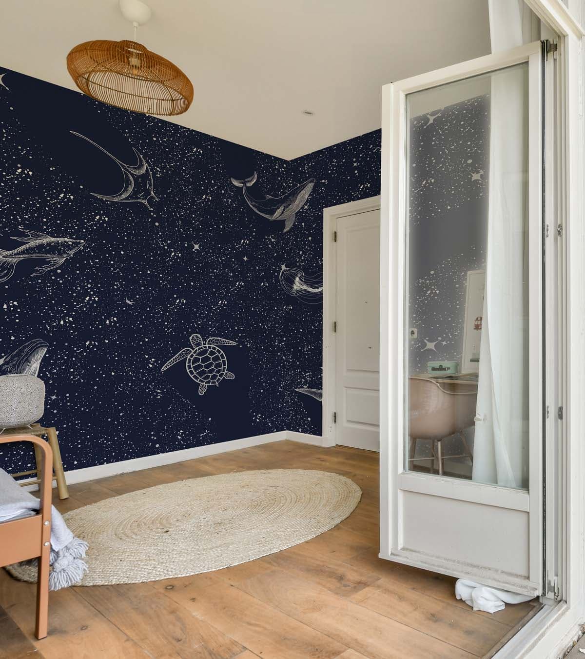 Starfield, White Line Sea Creatures Mural shown in a room