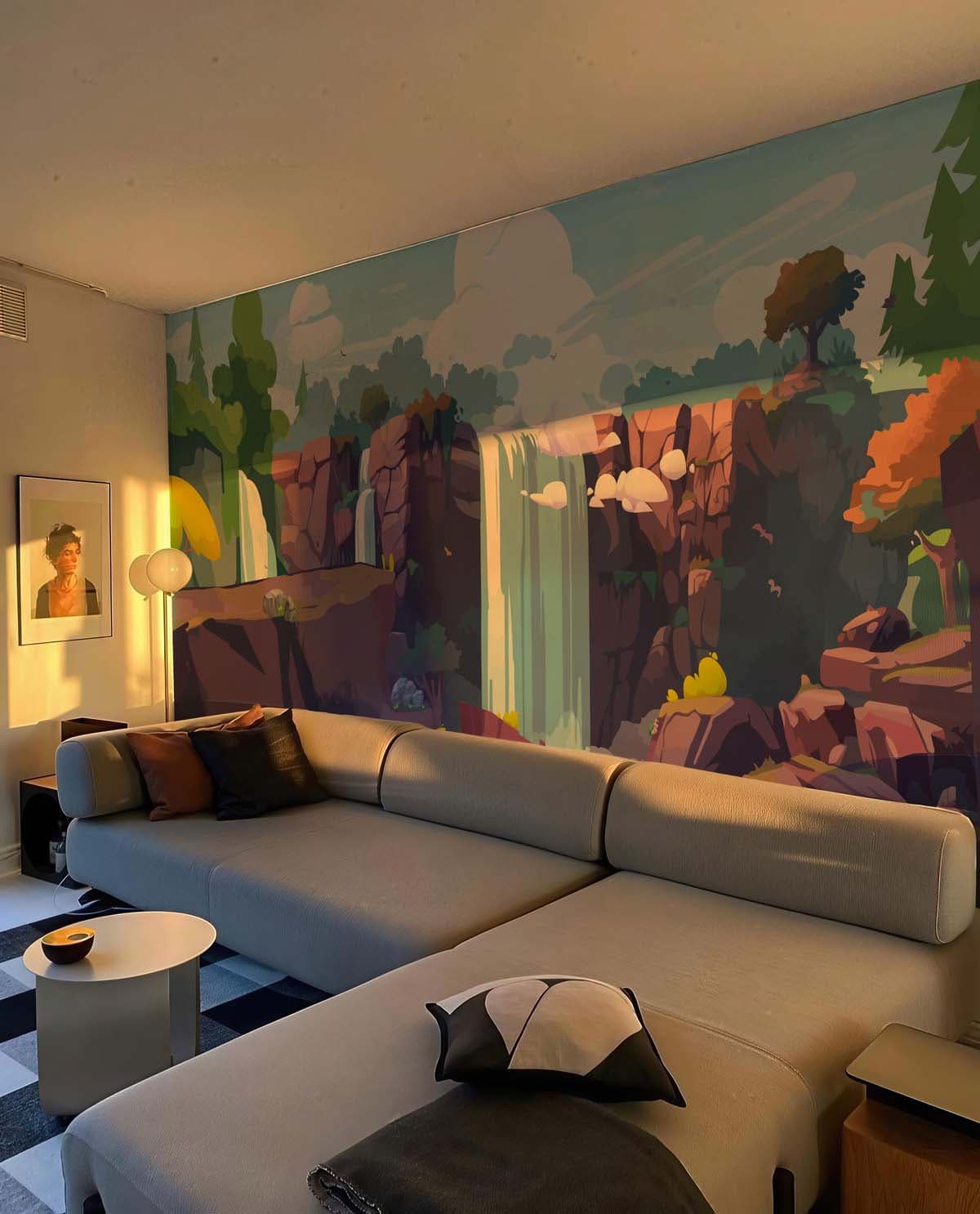 Torrent, Lively Natural Waterfall Scenery Mural shown in a room