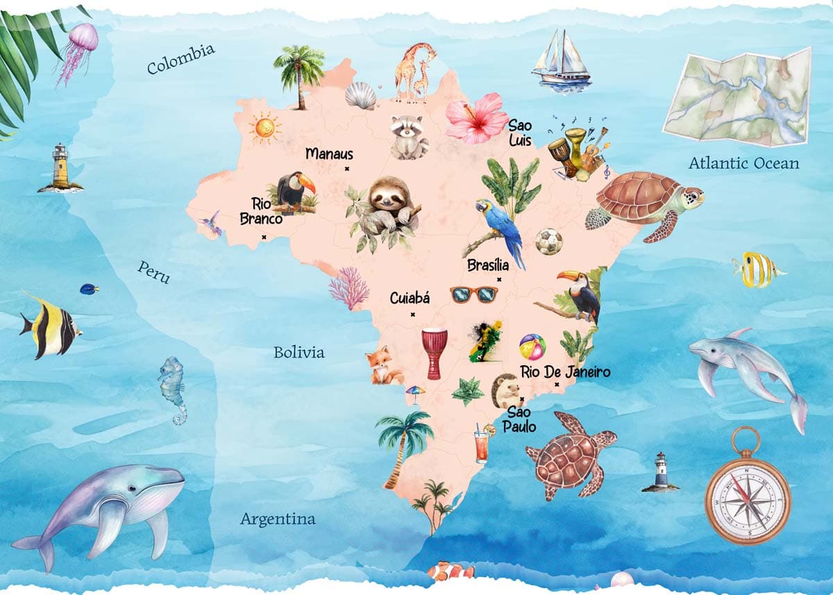 Rio, Serene Brazil Map Kids Room Mural pattern detail