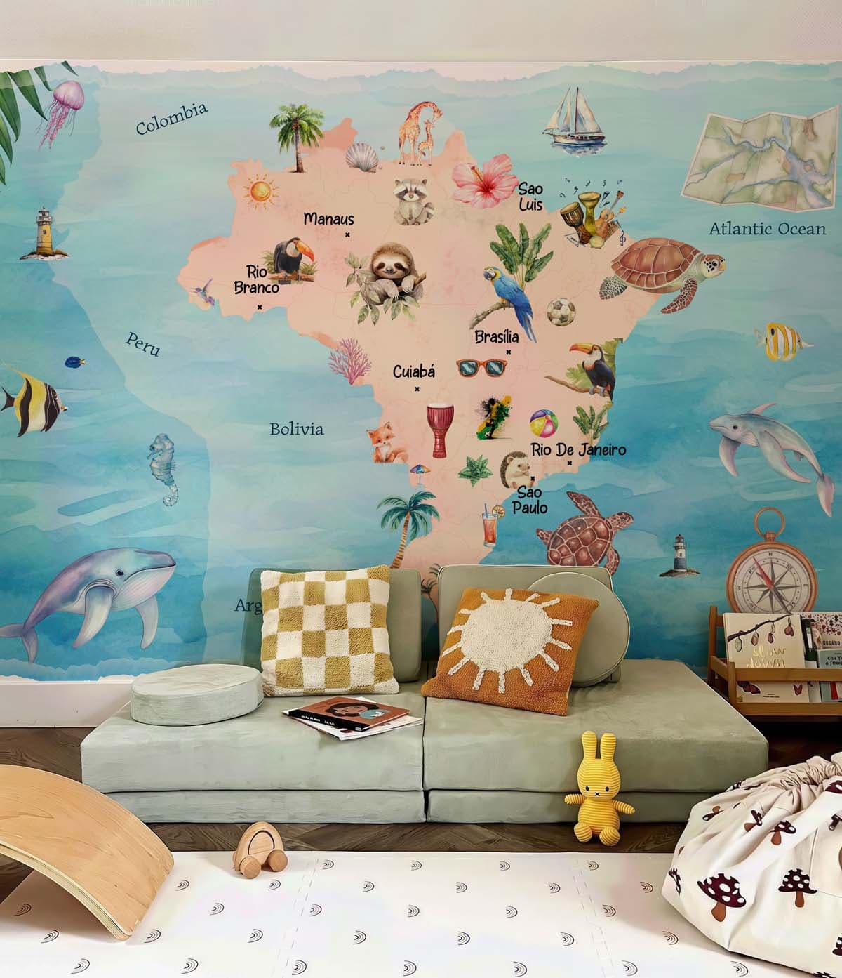 Rio, Serene Brazil Map Kids Room Mural shown in a room