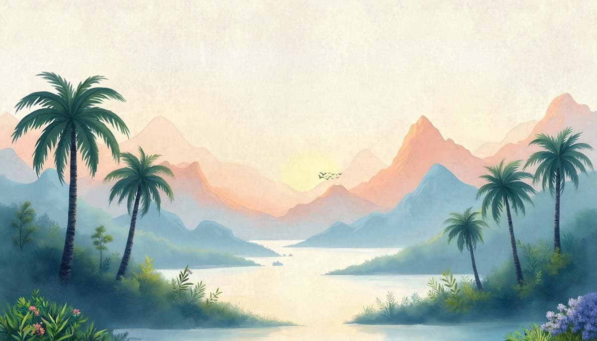 Lagoon, Serene Tropical Dawn Mural pattern detail