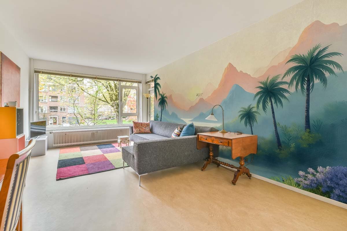 Lagoon, Serene Tropical Dawn Mural shown in a room