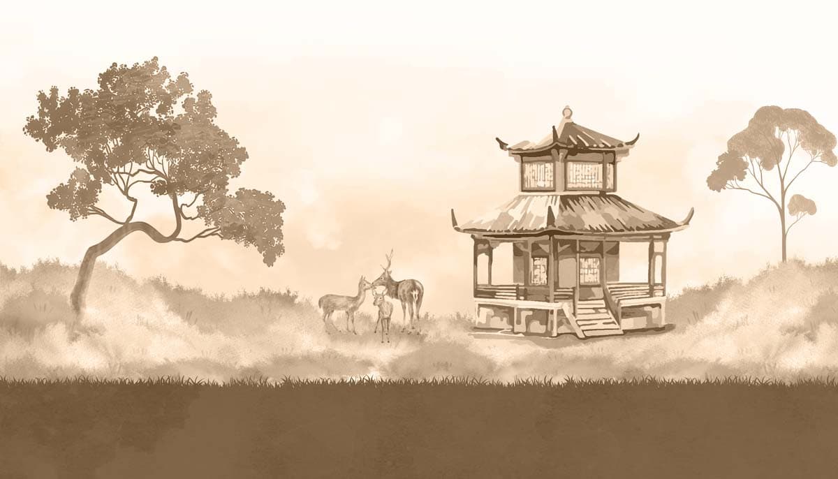 Oriental Pagoda, Sepia Deer Landscape Mural pattern detail