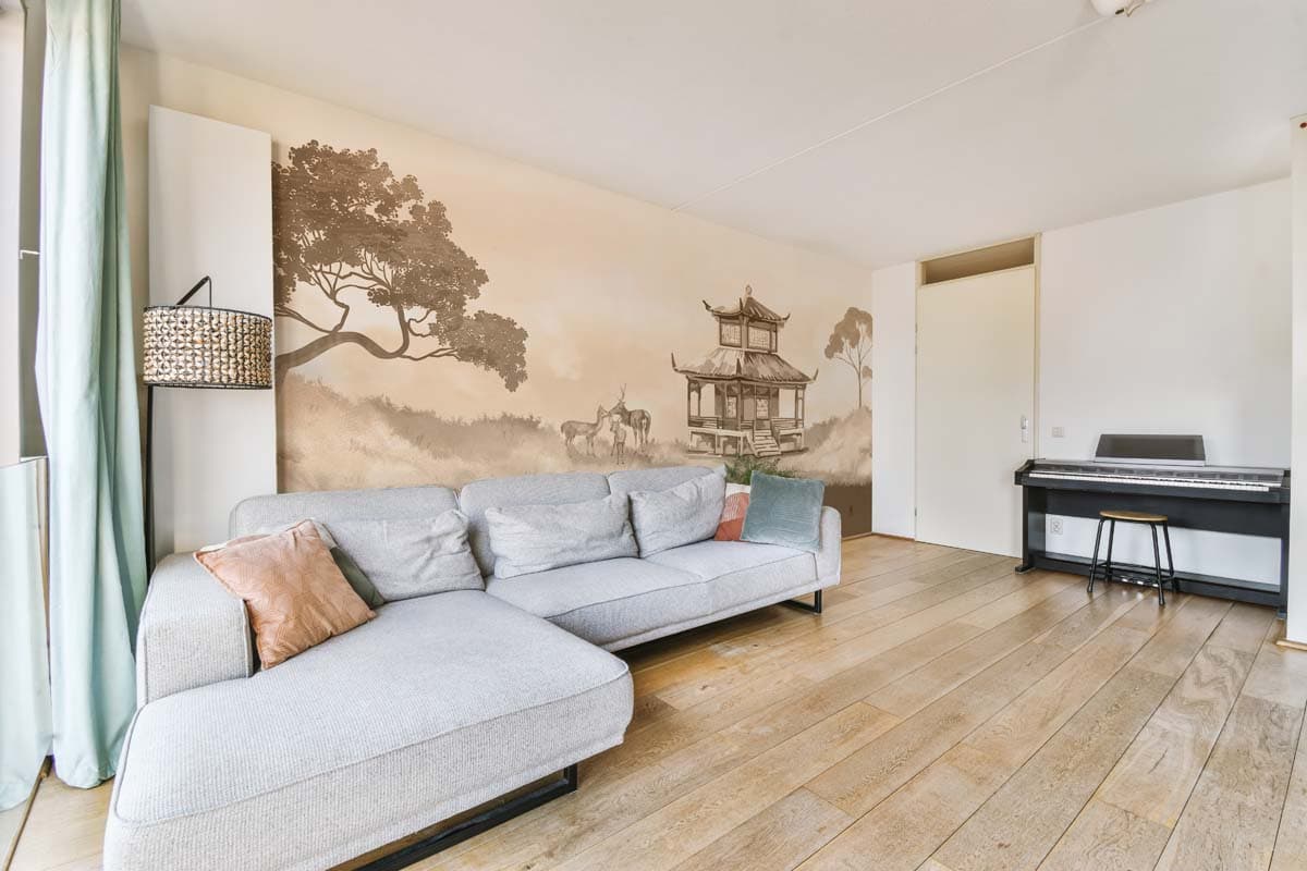 Oriental Pagoda, Sepia Deer Landscape Mural shown in a room