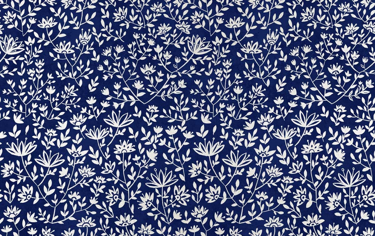 Lunar Bloom, Blue Folk Floral Wallpaper pattern detail