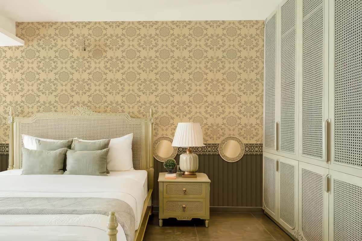Heritage, Cream & Olive Classic Pattern Mural shown in a room