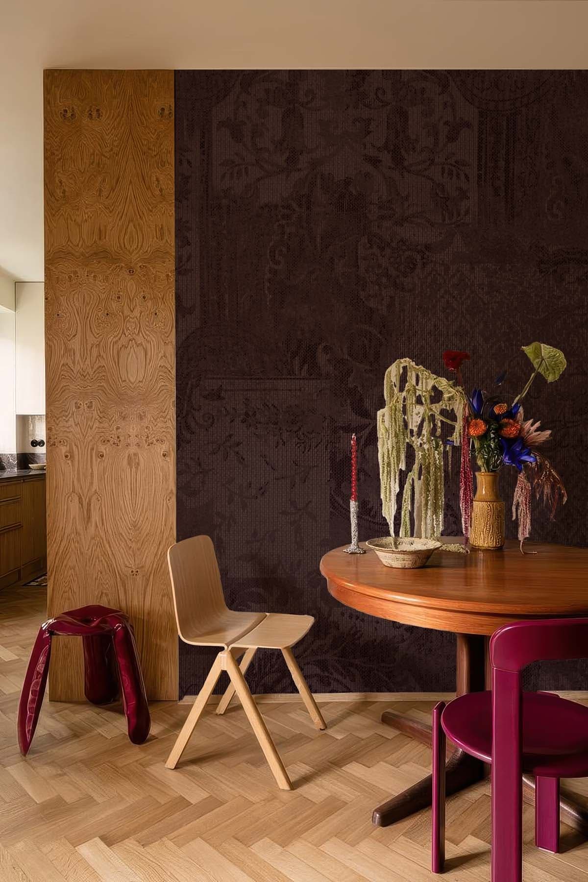 Velvetia, Victorian Wine Floral Wallpaper Mural shown in a room