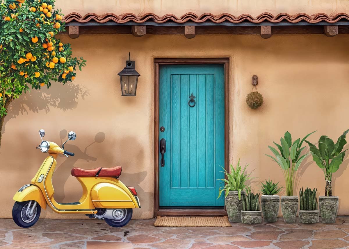 Italian Courtyard, Vespa Scene Wallpaper Mural pattern detail