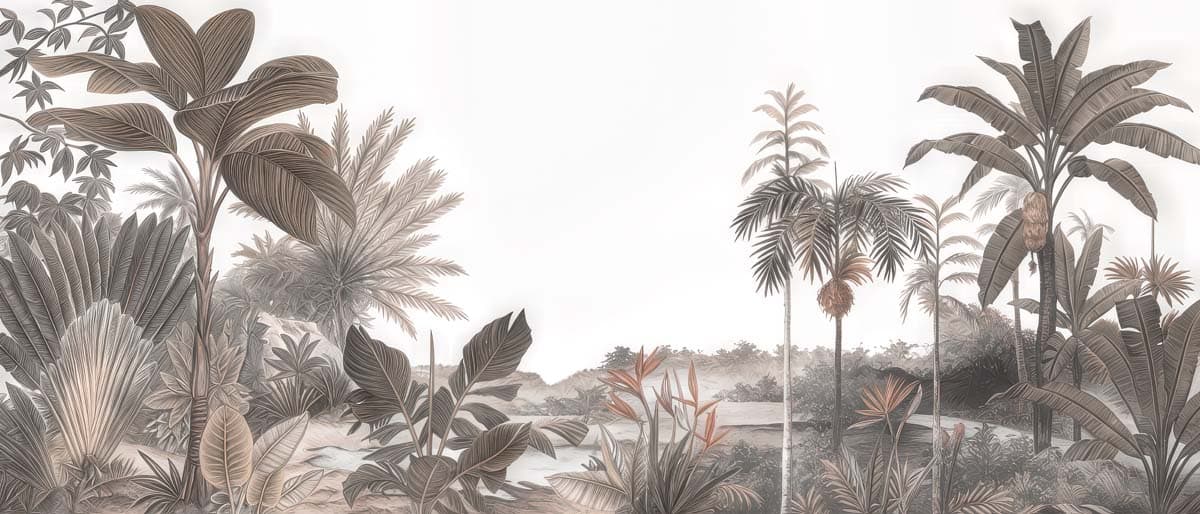Jungle, Sepia Tropical Panorama Wallpaper Mural pattern detail