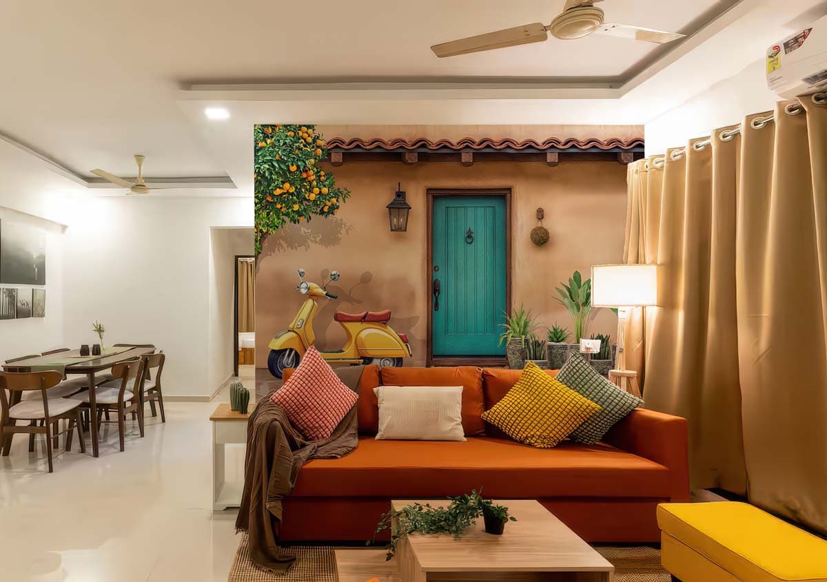 Italian Courtyard, Vespa Scene Wallpaper Mural shown in a room
