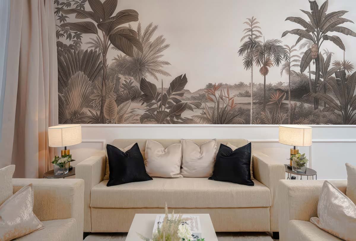 Jungle, Sepia Tropical Panorama Wallpaper Mural shown in a room