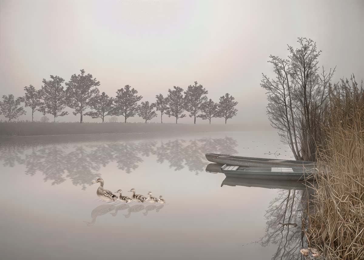 Hazy Horizon, Calm Lake Landscape Wallpaper Mural pattern detail
