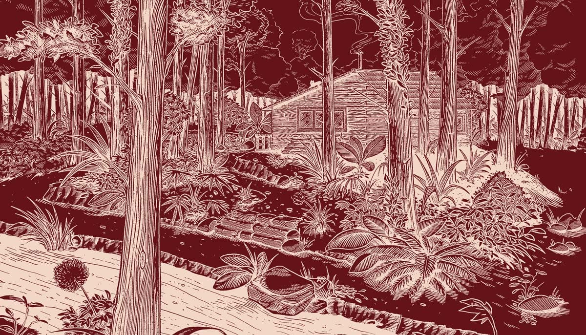 Crimson, Deep Forest Landscape Wallpaper Mural pattern detail