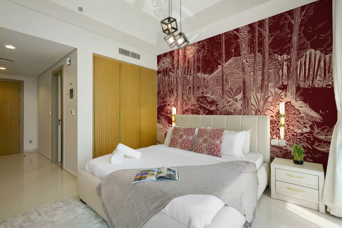 Crimson, Deep Forest Landscape Wallpaper Mural shown in a room