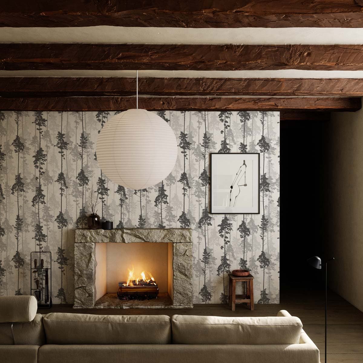 Timber, Monochrome Pine Silhouettes Wallpaper shown in a room