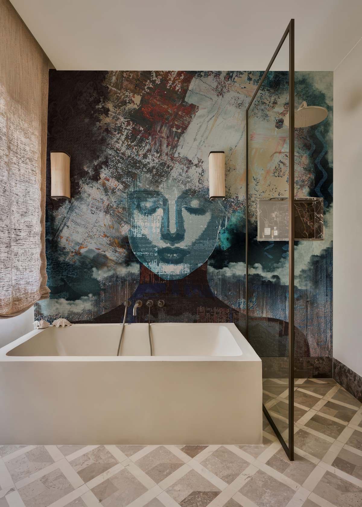 Serapha, Midnight Mist Abstract Muse Mural shown in a room