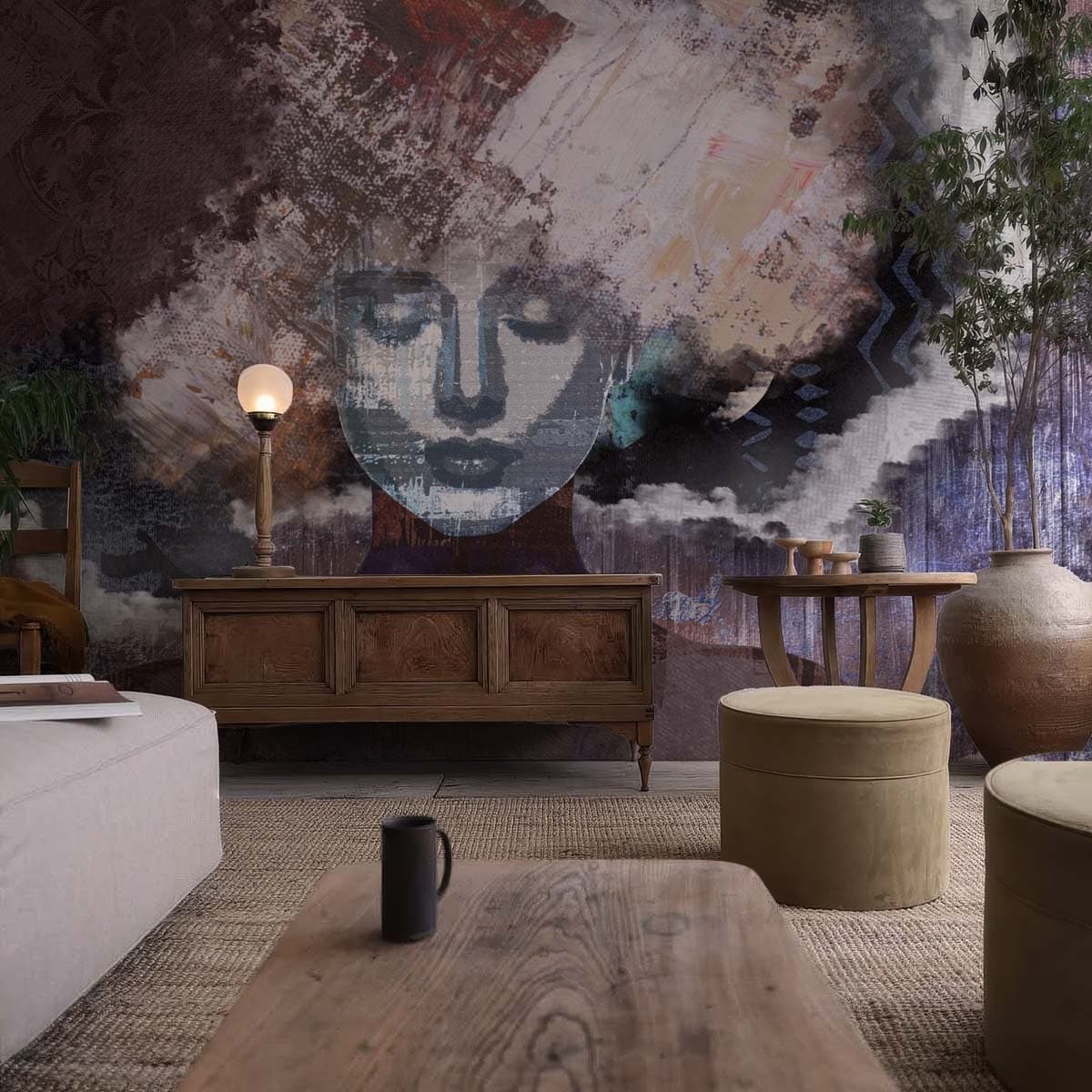 Serapha, Dusky Veil Abstract Muse Mural shown in a room
