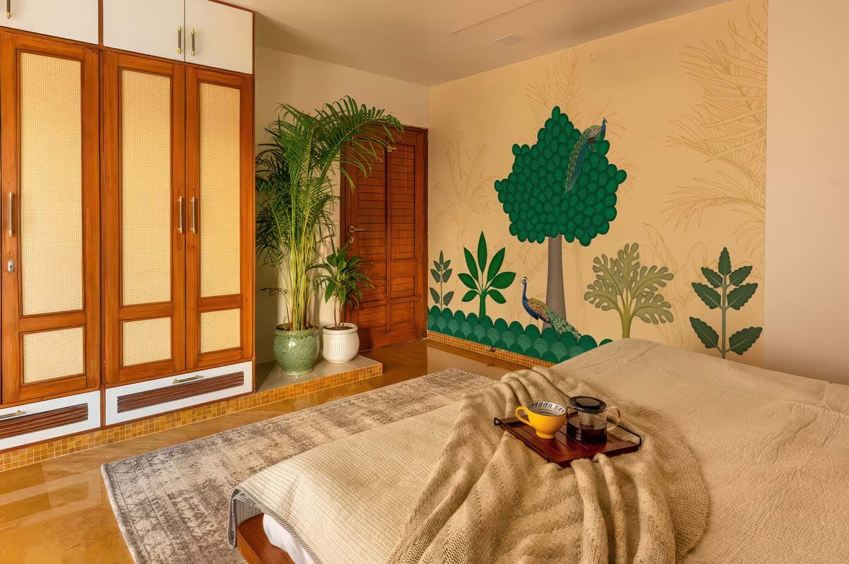 Azure, Stylized Peacock Paradise Mural shown in a room