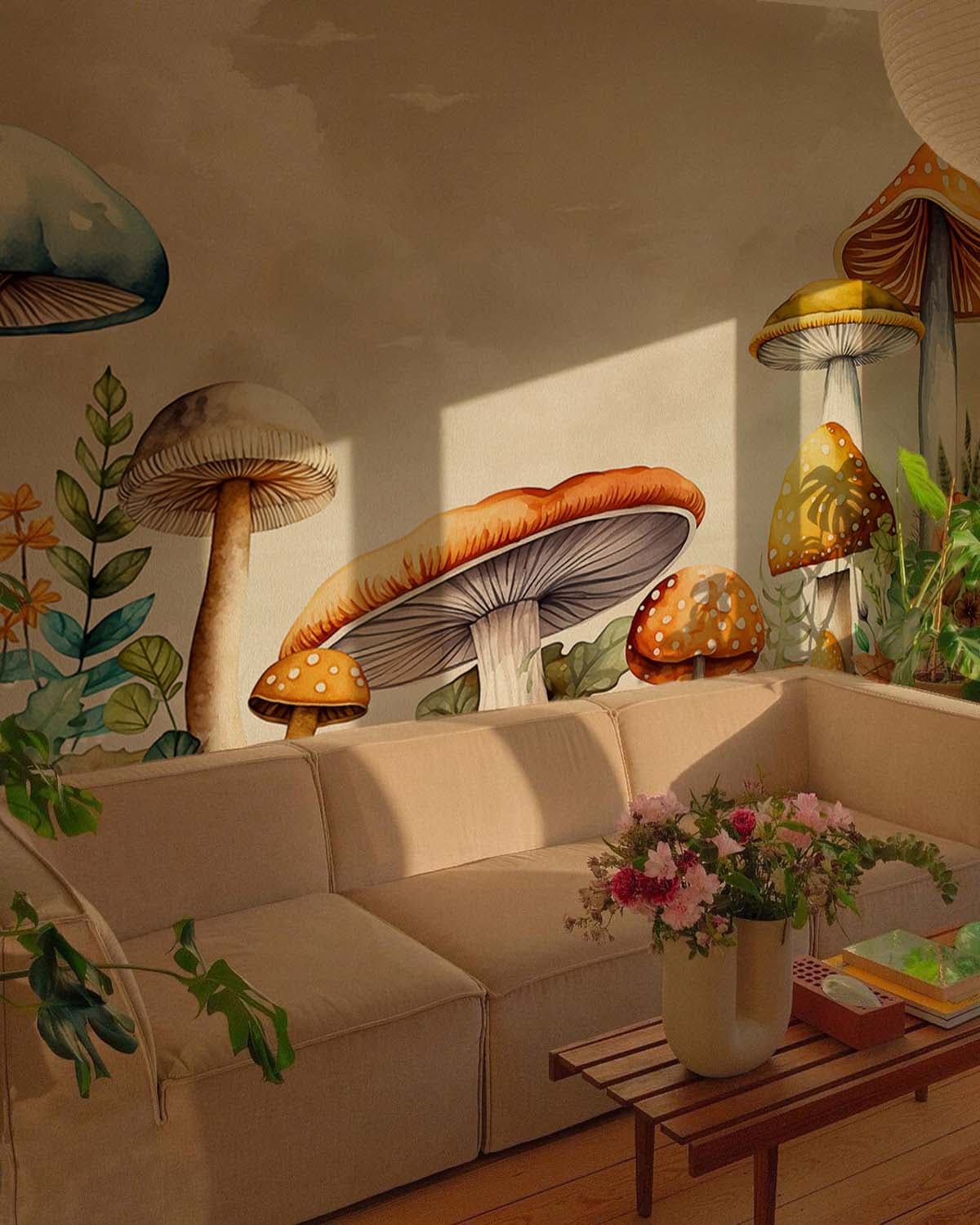 Mykora, Enchanted Mushrooms Wallpaper Mural shown in a room