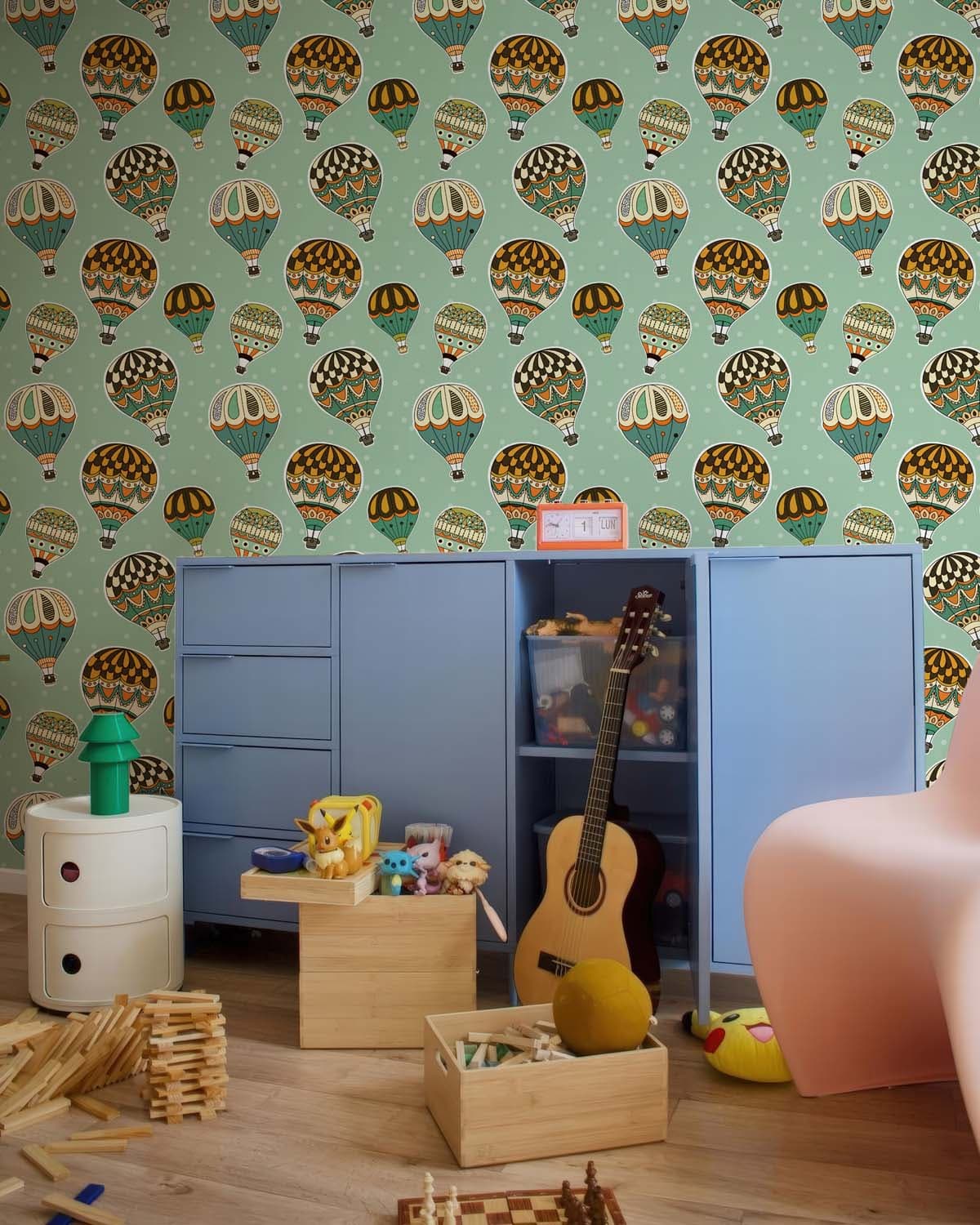 Lunabelle, Vintage Voyage Wallpaper shown in a room