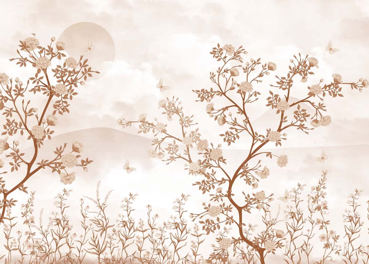 Dawnlure, Chinoiserie Sepia Bloom Wallpaper Mural pattern detail