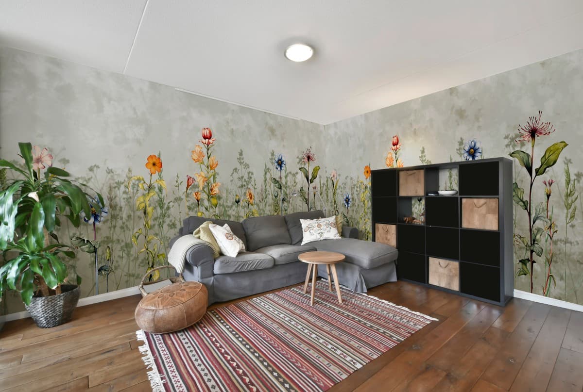 Fleuris, Delicate Meadow Botanicals Wallpaper Mural shown in a room
