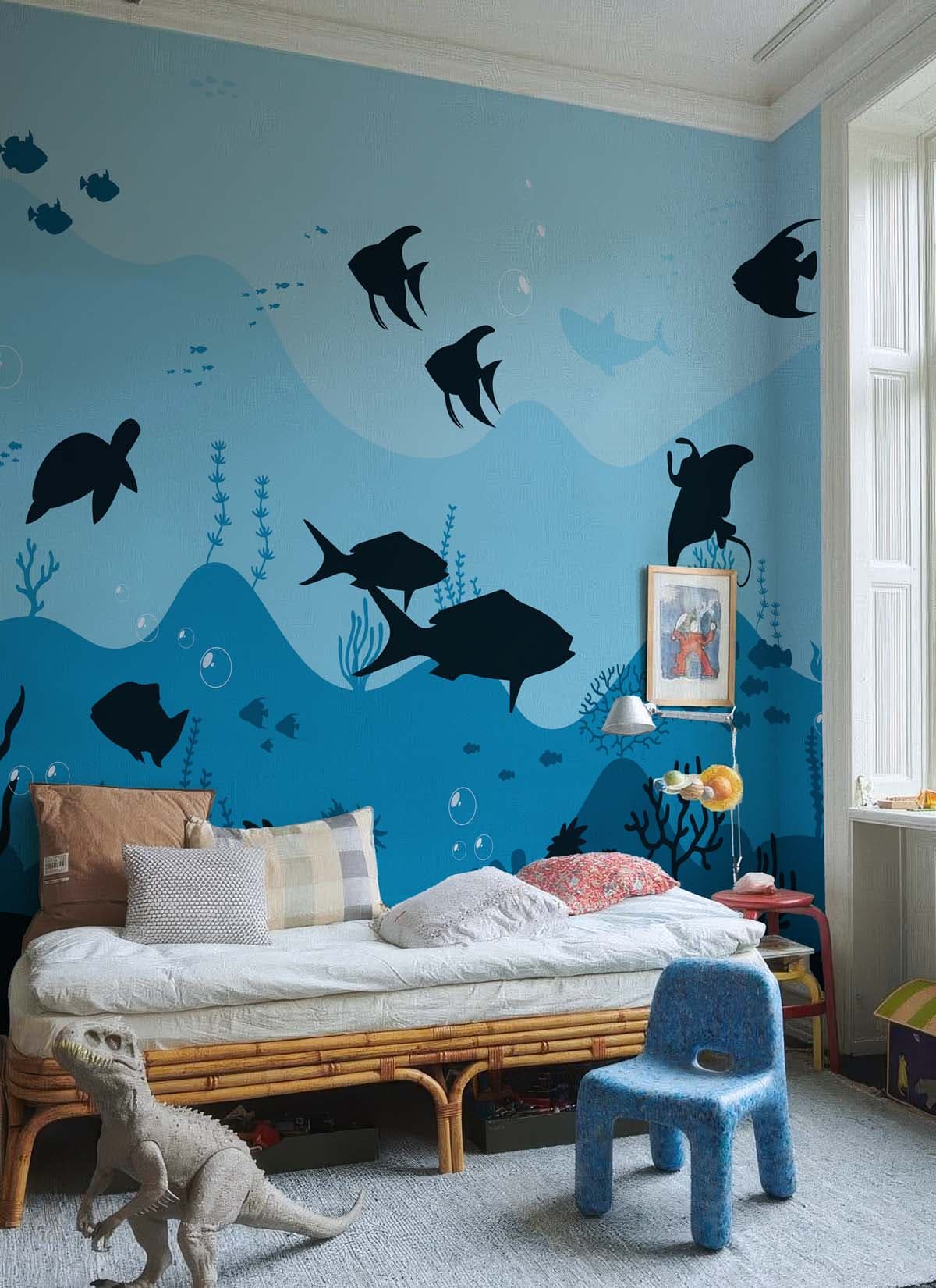 Aqualune, Ocean Whimsy Wallpaper Mural shown in a room