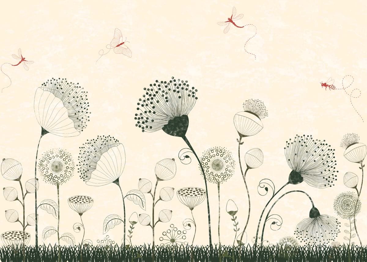 Lila, Cream Meadow Dragonfly Dance Mural pattern detail