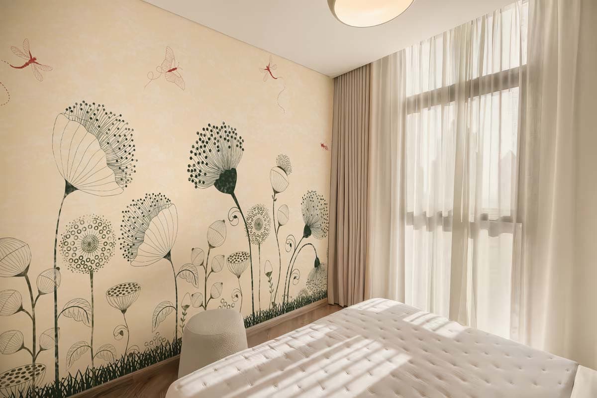 Lila, Cream Meadow Dragonfly Dance Mural shown in a room