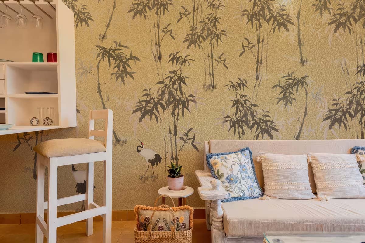 Mei, Golden Bamboo Crane Garden Mural shown in a room