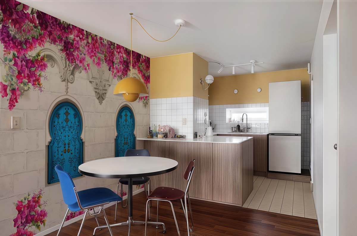 Elara, Hidden Courtyard Floral Dreams Mural shown in a room