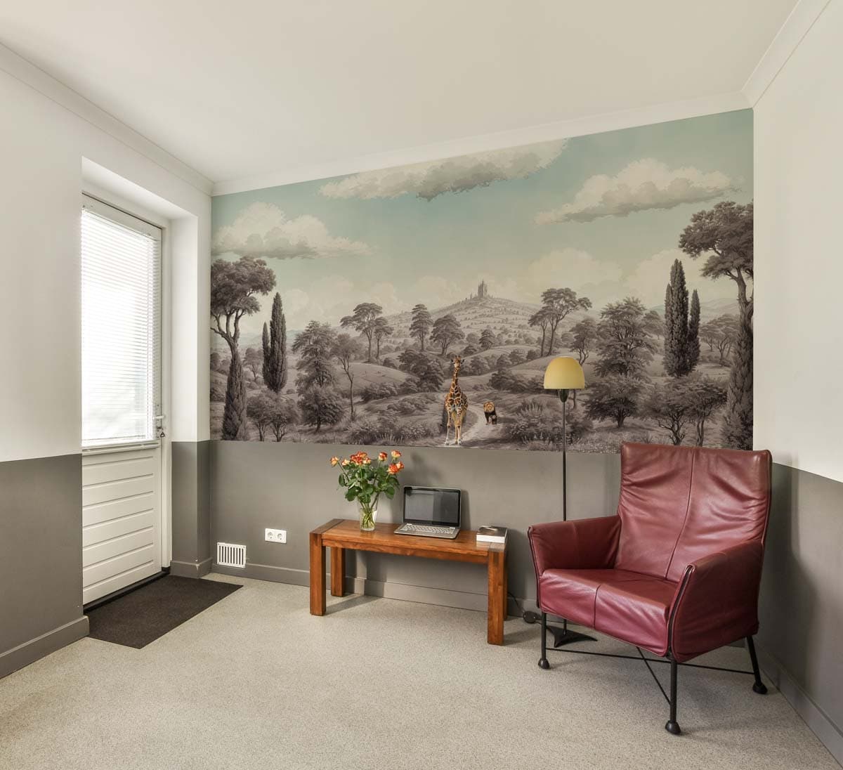Dreamscape Safari Vintage Wallpaper Mural shown in a room