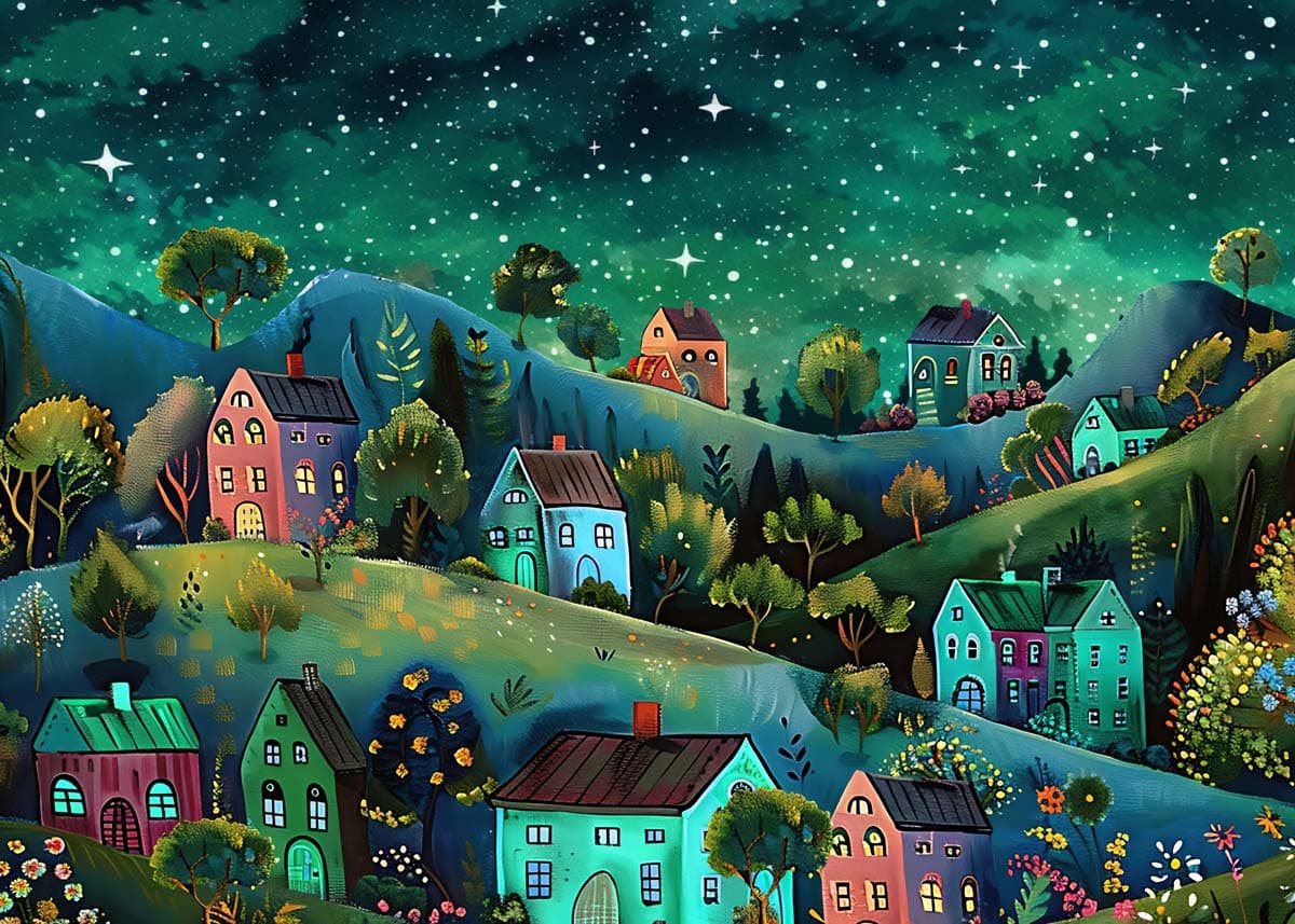 Whimsical Village Night Wallpaper Mural pattern detail
