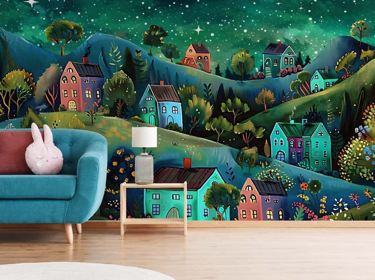 Whimsical Village Night Wallpaper Mural shown in a room