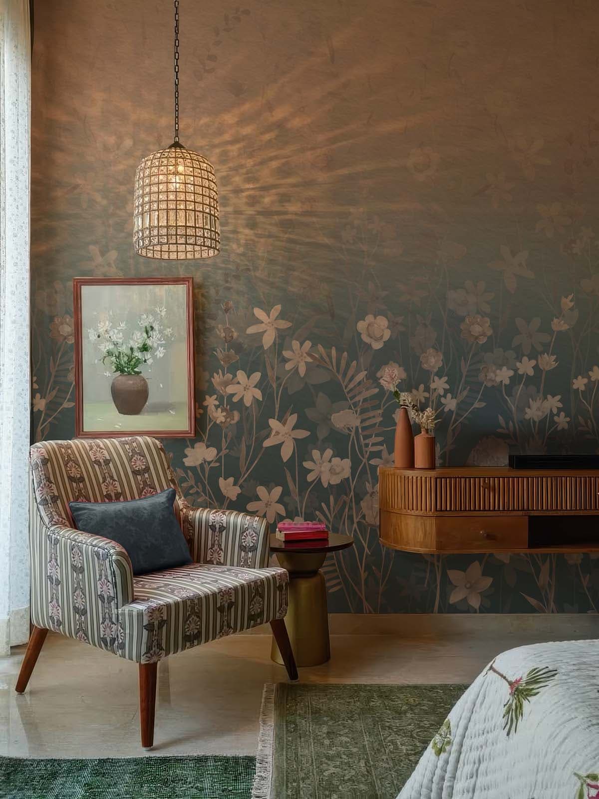Secret Garden Faded Floral Elegance Wallpaper shown in a room