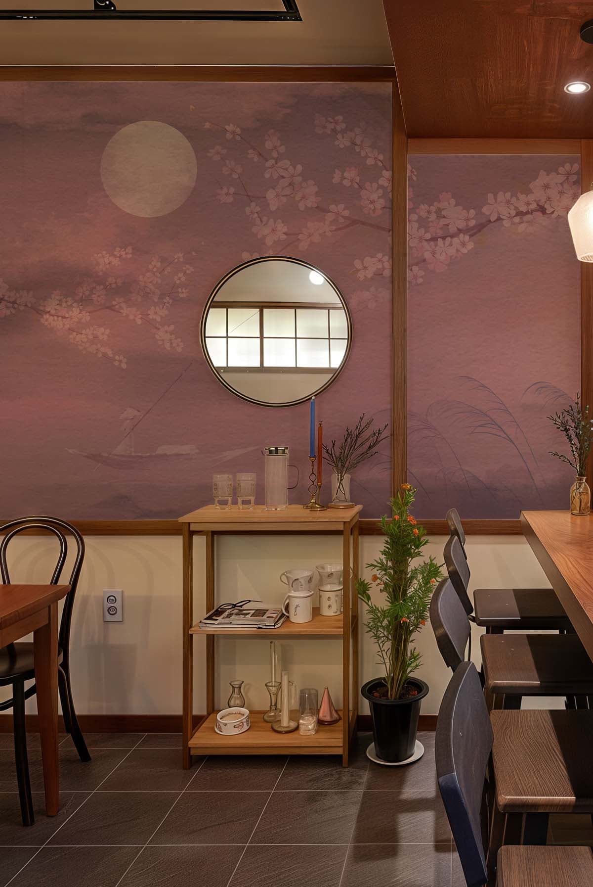 Sakura Drift, Wabi Sabi Water Whisper Mural shown in a room