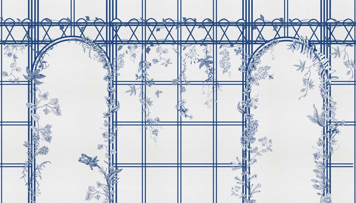 Trellis Reverie, Delft Blue Arch Wallpaper Mural pattern detail