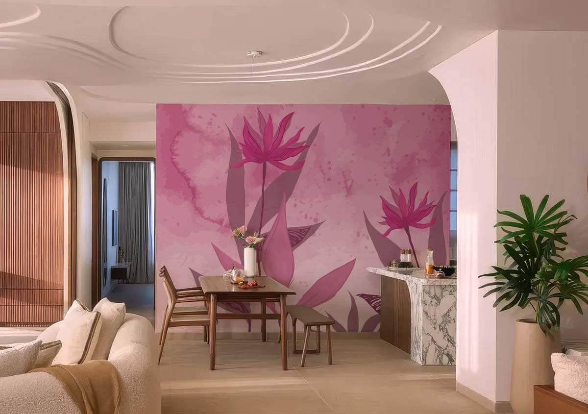 Pink Mirage, Contemporary Floral Elegance Mural shown in a room