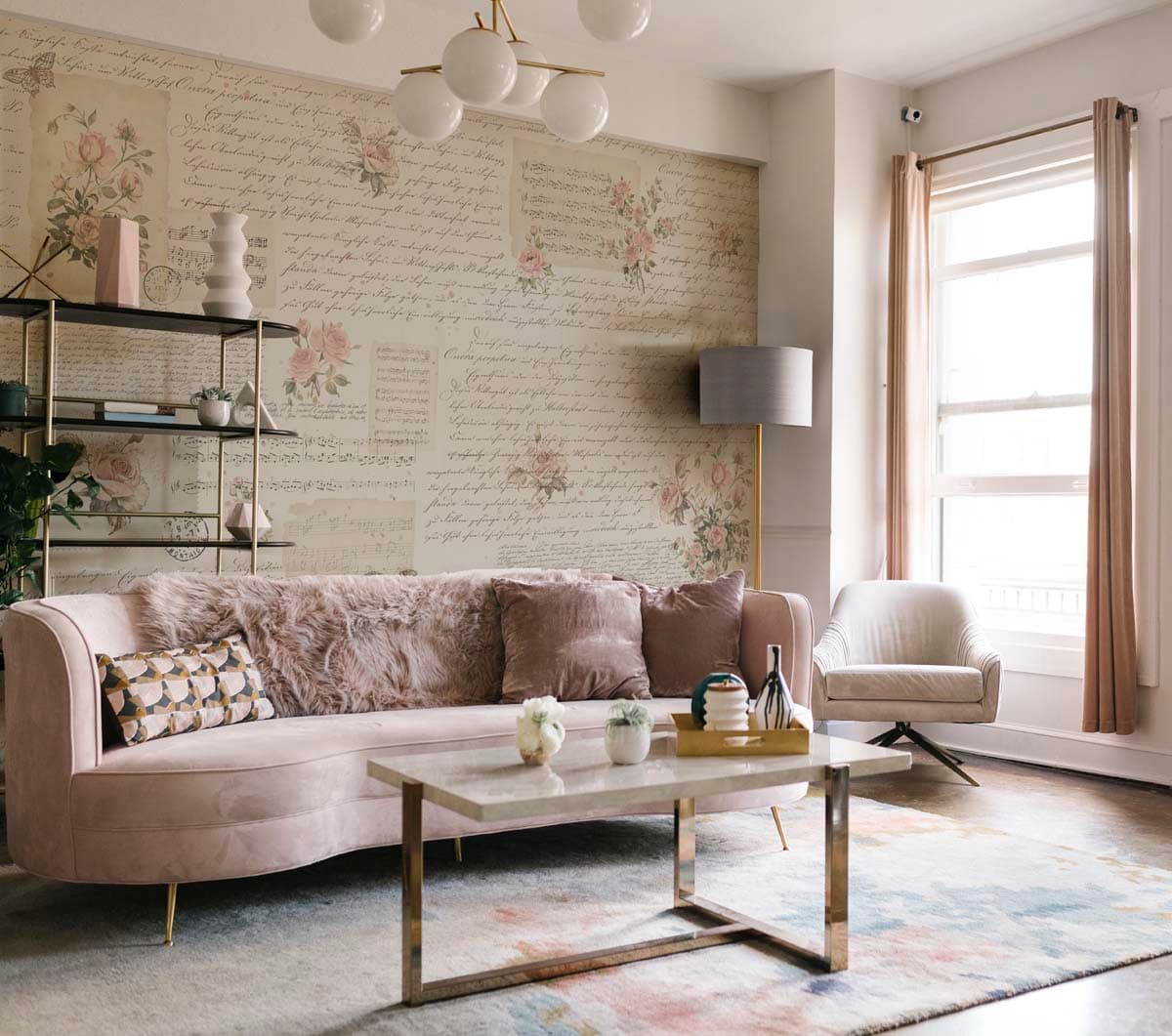 Letter, Floral Manuscript Wallpaper Mural shown in a room