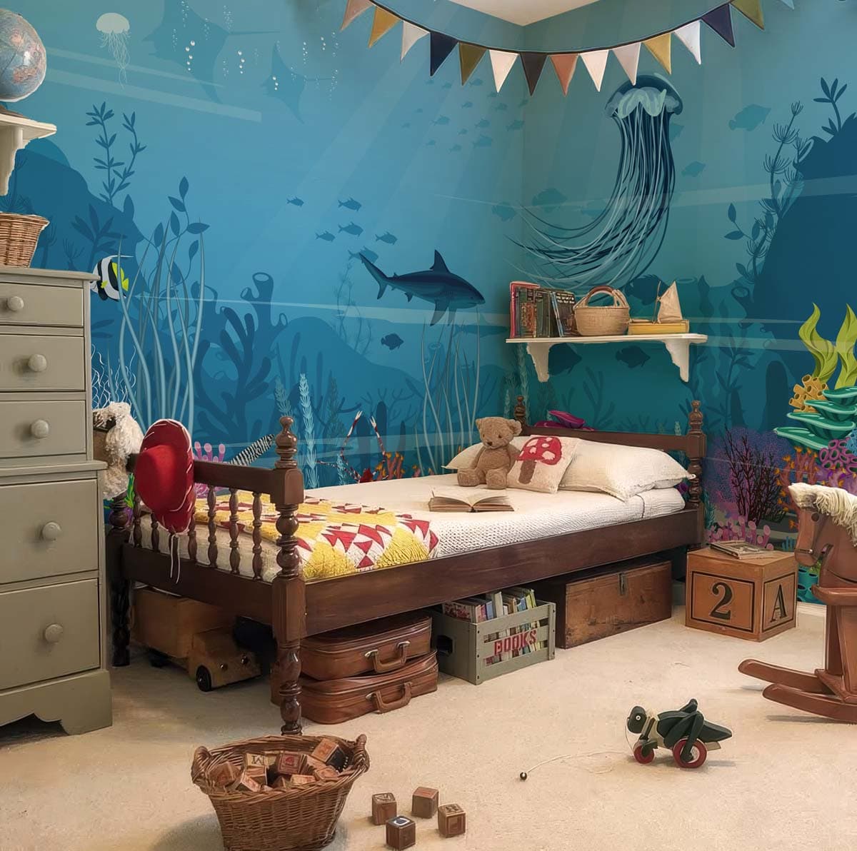 Aqua Safari, Beneath The Waves Wallpaper Mural shown in a room