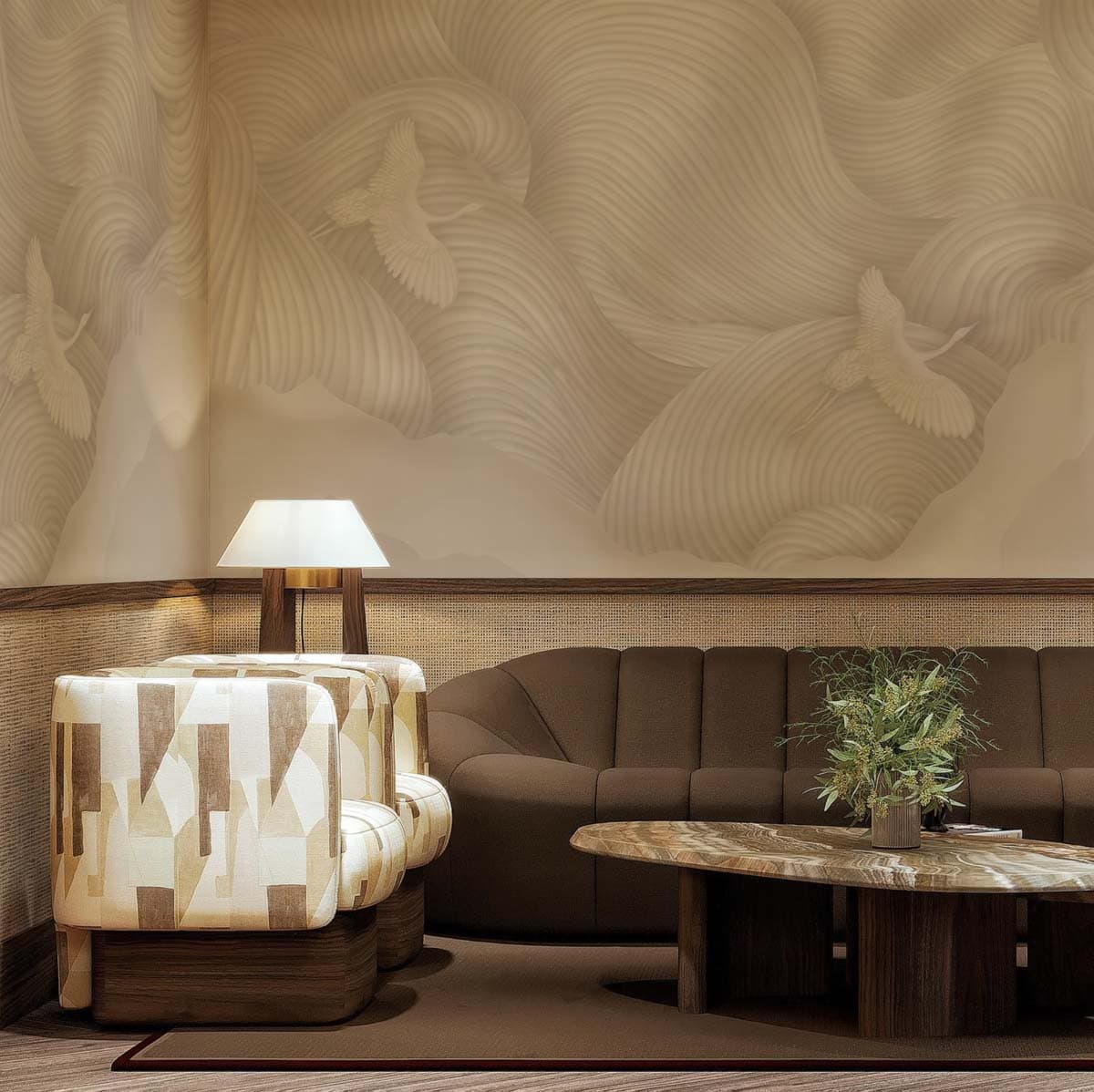 Feathered Drift, Aerial Silence Wallpaper Mural shown in a room
