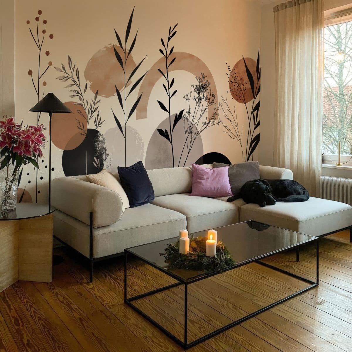 Soft Beige Botanic Aura Wallpaper Mural shown in a room