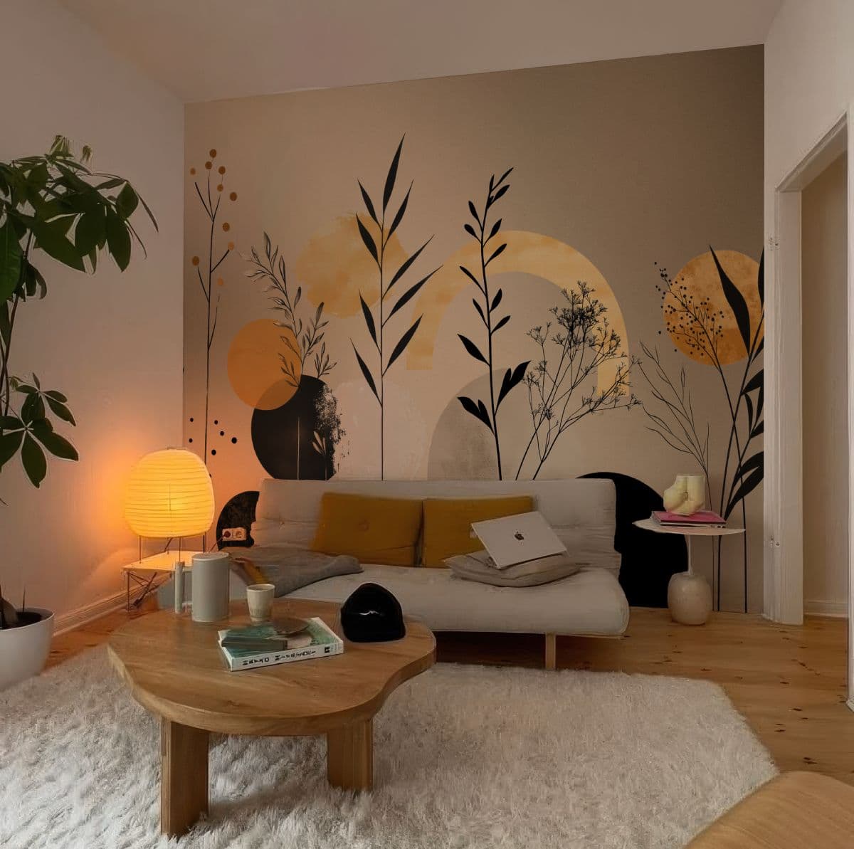 Warm Golden Amber Botanic Aura Wallpaper Mural shown in a room